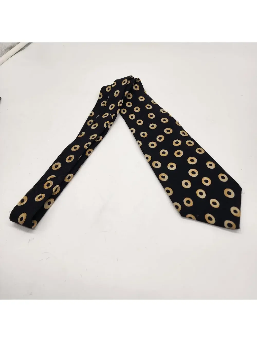 Vtg Polo Ralph Lauren Silk Tie Black Gold Circle Ring Geometric Made By Hand USA